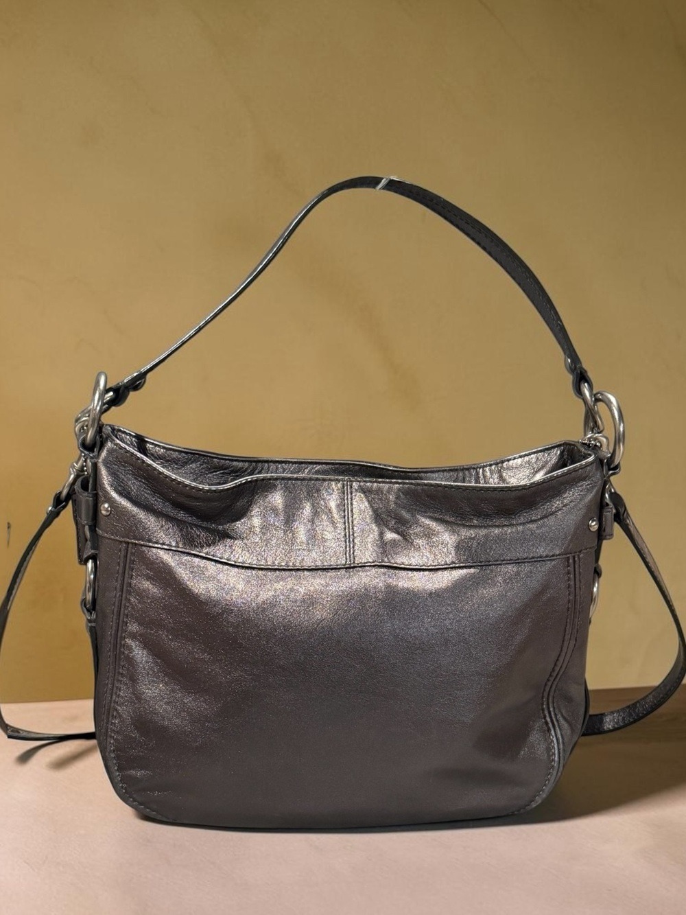 Coach Silver Metallic Leather Hobo Bag F14707 - Picture 1 of 16